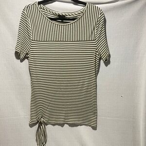 Talbots Olive and White Striped Short Sleeve Tie-Hem Tee
